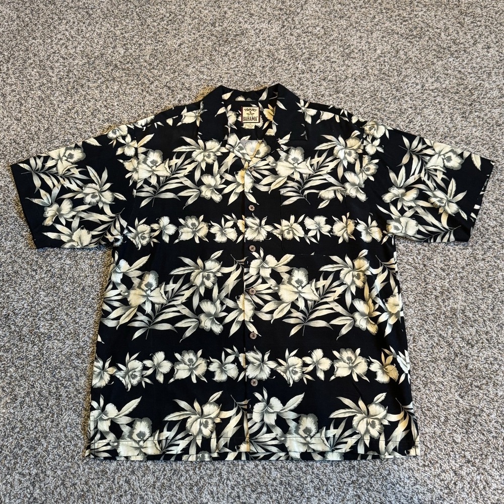 Tommy Bahama Shirt Mens Medium Black Floral Button Up Silk Hawaiian Relax